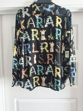 Karl Lagerfeld Black Floral 'KARL PARIS' Print Satin Button-Up Shirt